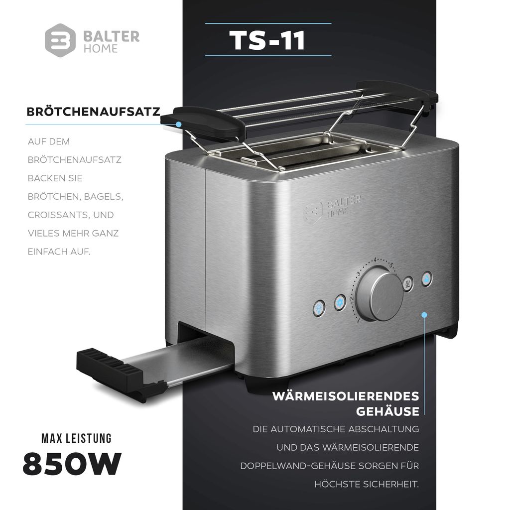 Edelstahl-Toaster Emerio TO-108275.1 mit Brötchen-Aufsatz 800 Watt 