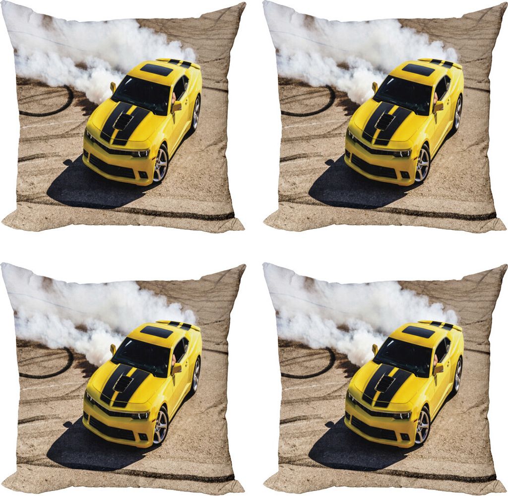 ABAKUHAUS Männlich Kissenbezug Set (4 Stück), Racer Speedy Sports Car, Moderner Doppelseitiger Digitaldruck, 45 cm x 45 cm, Gelb Warm Taupe