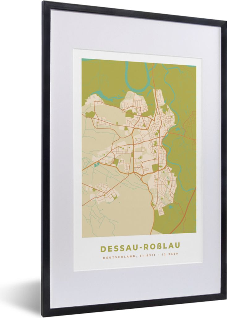 MuchoWow Gerahmtes Poster Jahrgang - Karte - Dessau-Roblau - Stadtplan - Karte 40x60 cm - Poster mit Schwarzem Bilderrahmen Wandposter Rahmen Fot...