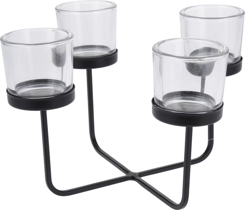 Eleganter Kerzenständer aus schwarzem Metall mit vier Glaseinsätzen