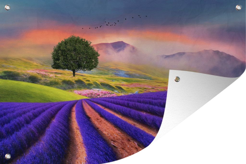 MuchoWow 90x60 cm Outdoor-Poster Gartendeko Sichtschutz Garten Poster für den Garten Gemälde eines Lavendelfeldes