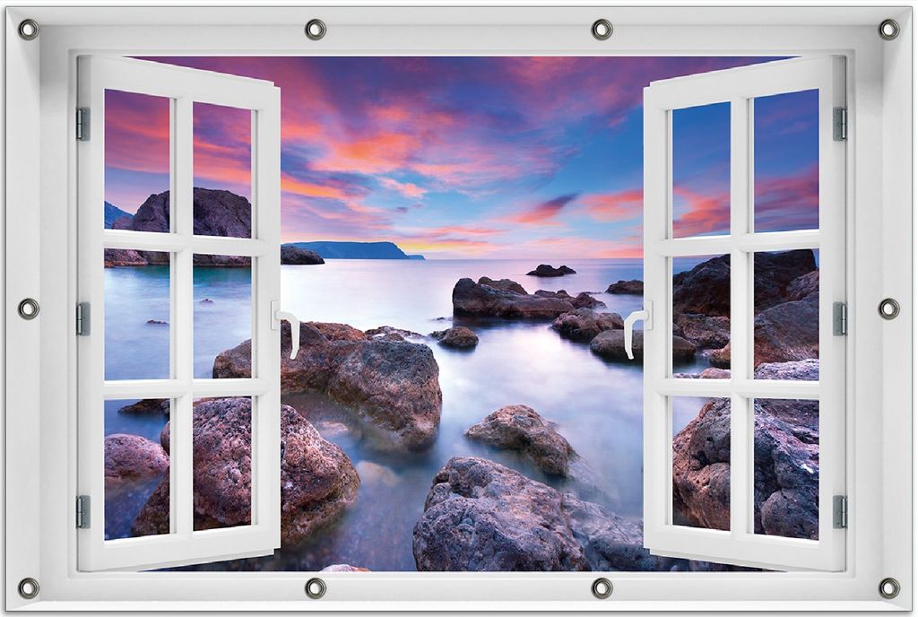 Wallario Outdoor-Poster für Garten oder Balkon 80 x 120 cm: Seelandschaft in blau und rot mit großen Felsen