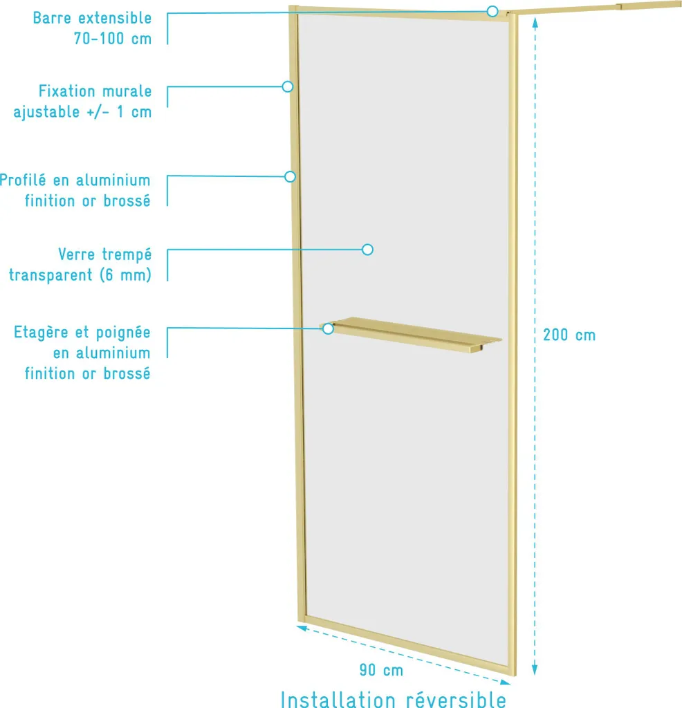 Paroi de Douche Anticalcaire 90x200cm Or Doré - Solution Rangement