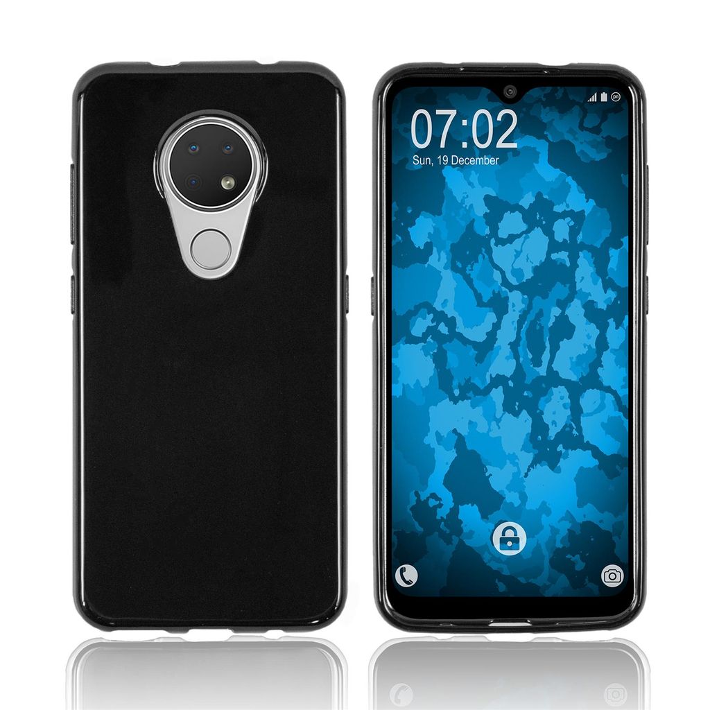 A black phone case is shown next to a smartphone displaying a blue abstract wallpaper.