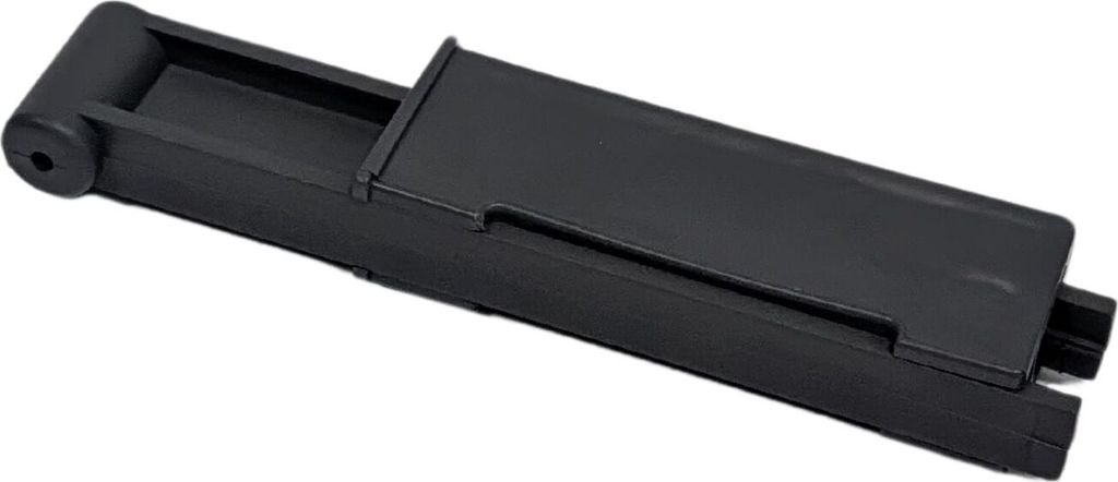 A black plastic end piece with a spring mechanism, shown from a diagonal angle against a white background.