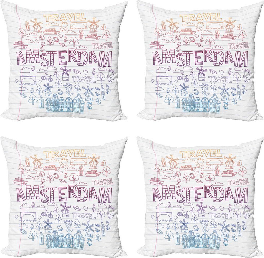 ABAKUHAUS Amsterdam Kissenbezug Set (4 Stück), Doodle Stil-Elemente, Moderner Doppelseitiger Digitaldruck, 45 cm x 45 cm, Weiß und Multicolor