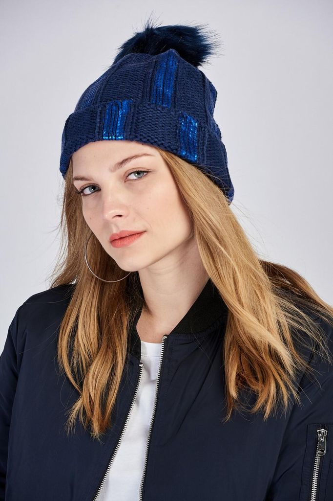 Damen Mütze Beanie Strickmütze Marineblau Wintermütze Warme Produktbild 