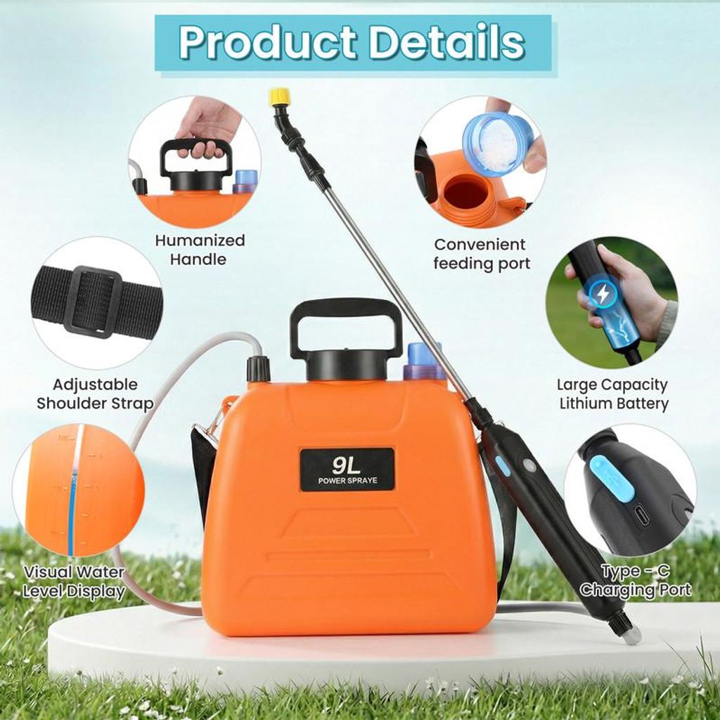 9 L Orange Akku Drucksprüher, Elektrische Gartenspritze mit