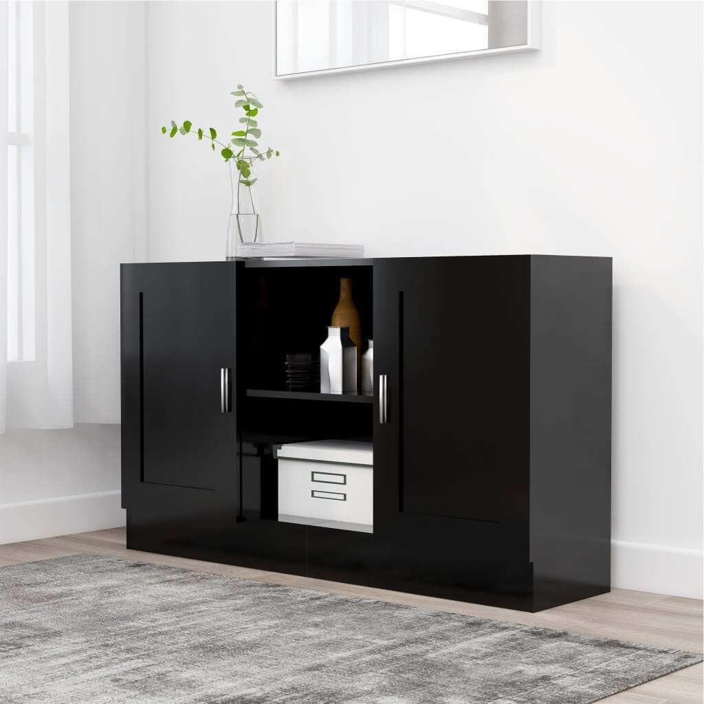 A black sideboard is shown in a room with a mirror and a plant.