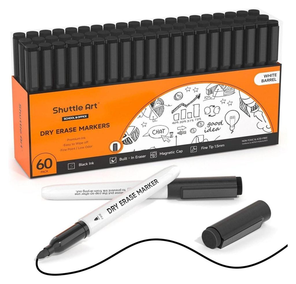 60 schwarze Magnet-Whiteboard-Marker Set, feine Spitze & Produktbild 