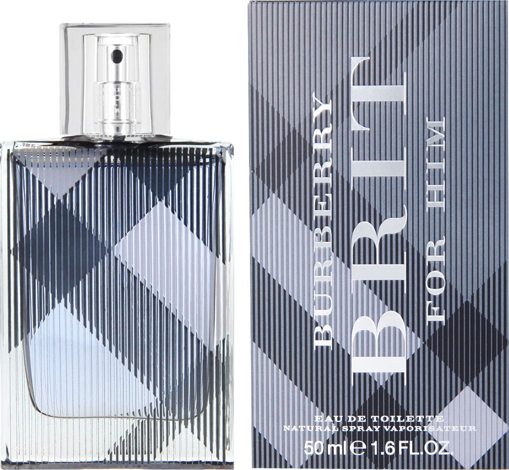 A bottle of Burberry Brit for Him eau de toilette and its packaging are shown side-by-side against a white background.