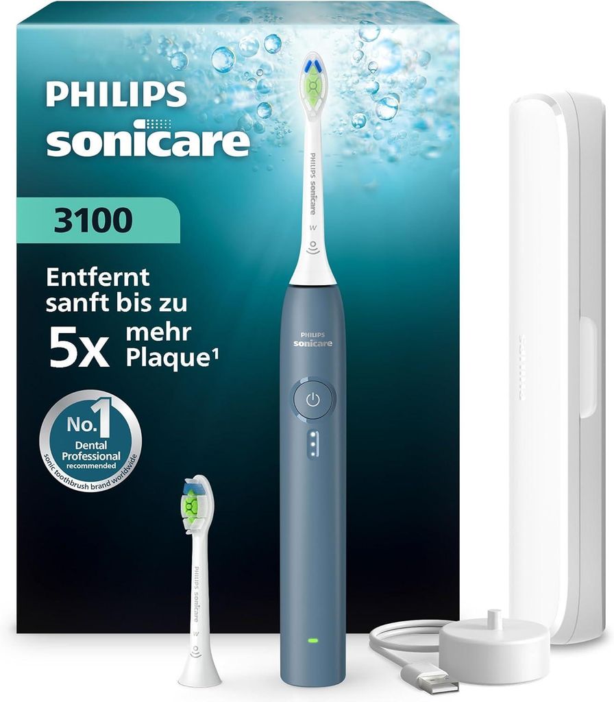 Philips Sonicare Series 3100 Elektrische Schallzahnbürste mit Drucksensor, 3 Intensitätsstufen und Reiseetui Blau