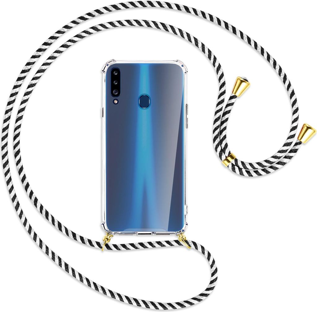 Handykette Backcover-Schutzhülle mit Band (Metall goldfarben) für Samsung Galaxy A20s - schwarz/weiß gestreift