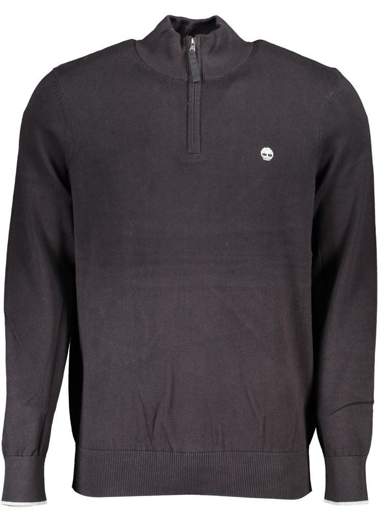 Schwarzer Herren Pullover: Langarm, Zipper, Stickerei, Baumwolle