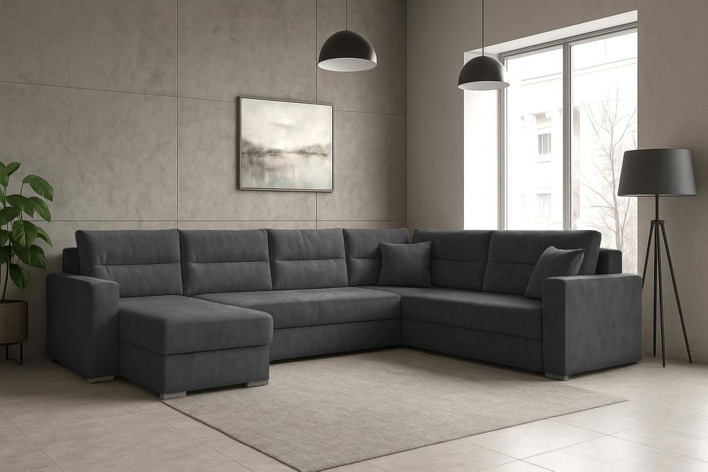A dark gray sectional sofa is shown in a modern living room setting.