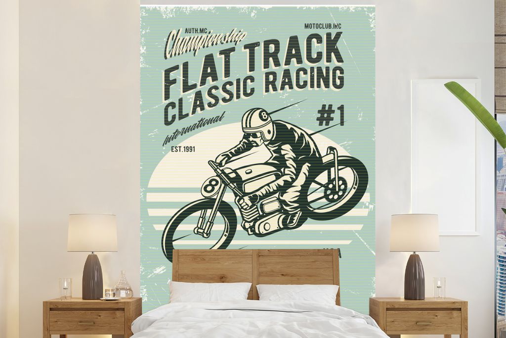 MuchoWow Fototapete für Wohnzimmer oder Schlafzimmer Wandtapete Vinyl Motivtapete Moped - Mann - Jahrgang - 200x300 cm - Wanddekorationen