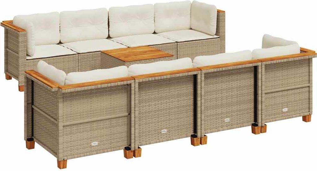 9-tlg. Garten-Sofagarnitur mit Kissen Beige Poly Rattan