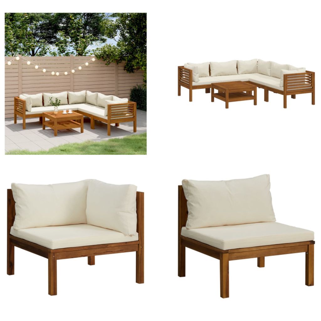 vidaXL 6 tlg. Garten Lounge Set mit Creme Kissen Massivholz Akazie - Garten-Lounge-Set - Garten-Lounge-Sets - Modulares Sofa-Set - Modulare Sofa-Sets