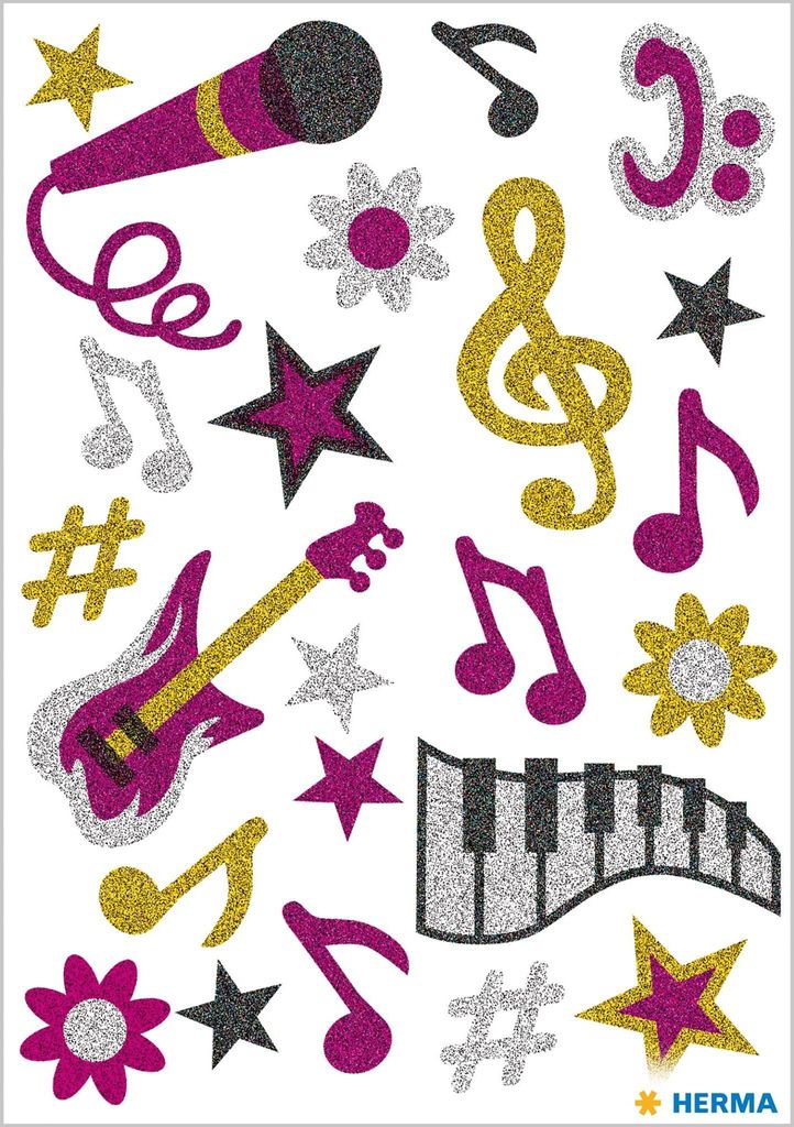 HERMA 3276 Aufkleber Musik Glitzer, 22 Stück, Musiknoten Sticker mit Mikrofon Gitarre Notenschlüssel Blumen Sterne Motiv, Kinder Etiketten für F...