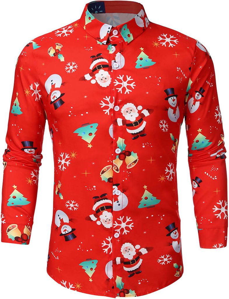 ASKSA Herren Funky Christmas Print Weihnachtsmann Hemd Langarm Button Up Freizeithemd,A-Rot,S