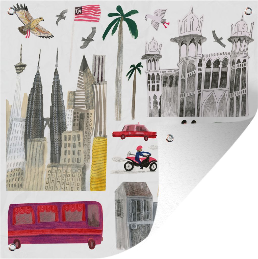 MuchoWow 50x50 cm Outdoor-Poster Gartendeko Sichtschutz Garten Poster für den Garten Eine Illustration der Sehenswürdigkeiten von Kuala Lumpur