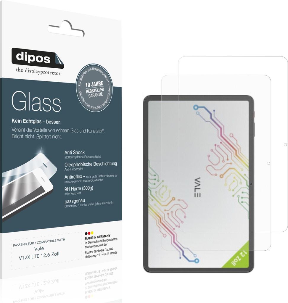 2x Schutzfolie für Vale V12X LTE 12.6 Zoll matt - Anti-Shock 9H Folie dipos Glass Kunststoffglas
