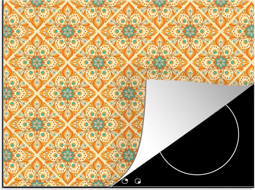 KitchenYeah Herdabdeckplatte Mandala - Boho - Blumen - Orange - Muster , 70x52cm, Küche Deko, Glaskeramikkochfeld Herdabdeckung, Abdeckplatte f...