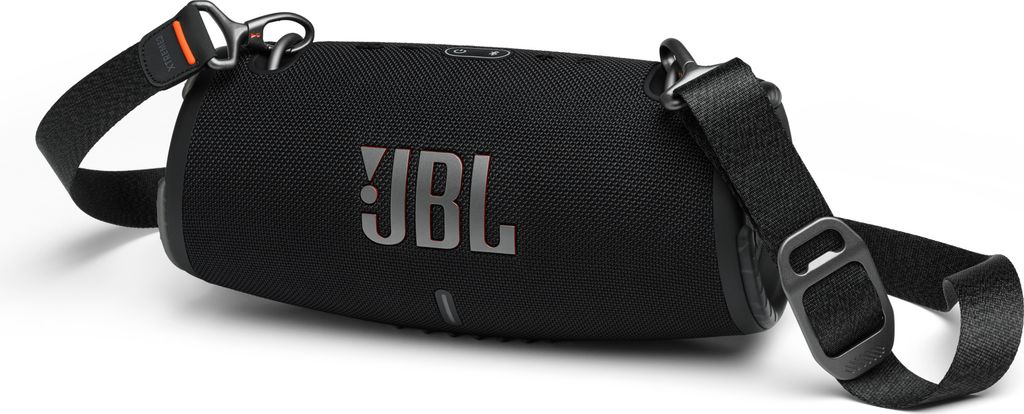 A black JBL Xtreme 3 speaker with a black strap is shown against a white background.