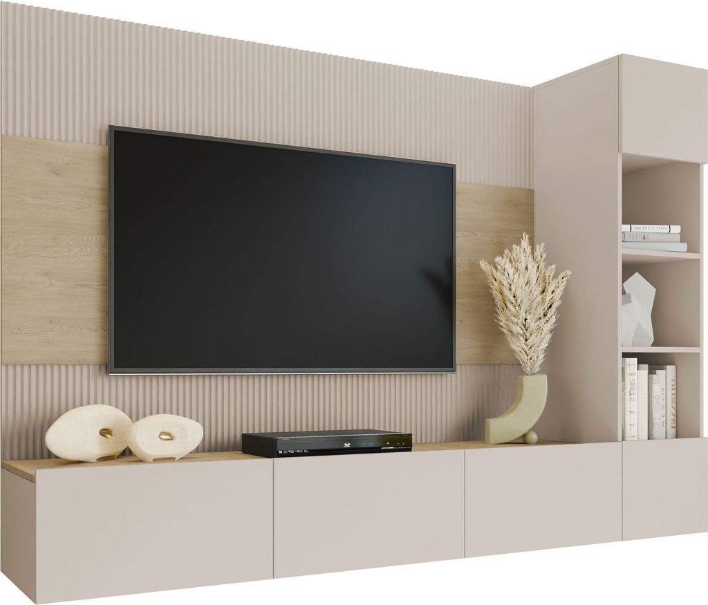 A modern media console with a television mounted above it, decorated with minimalist vases and dried flowers.