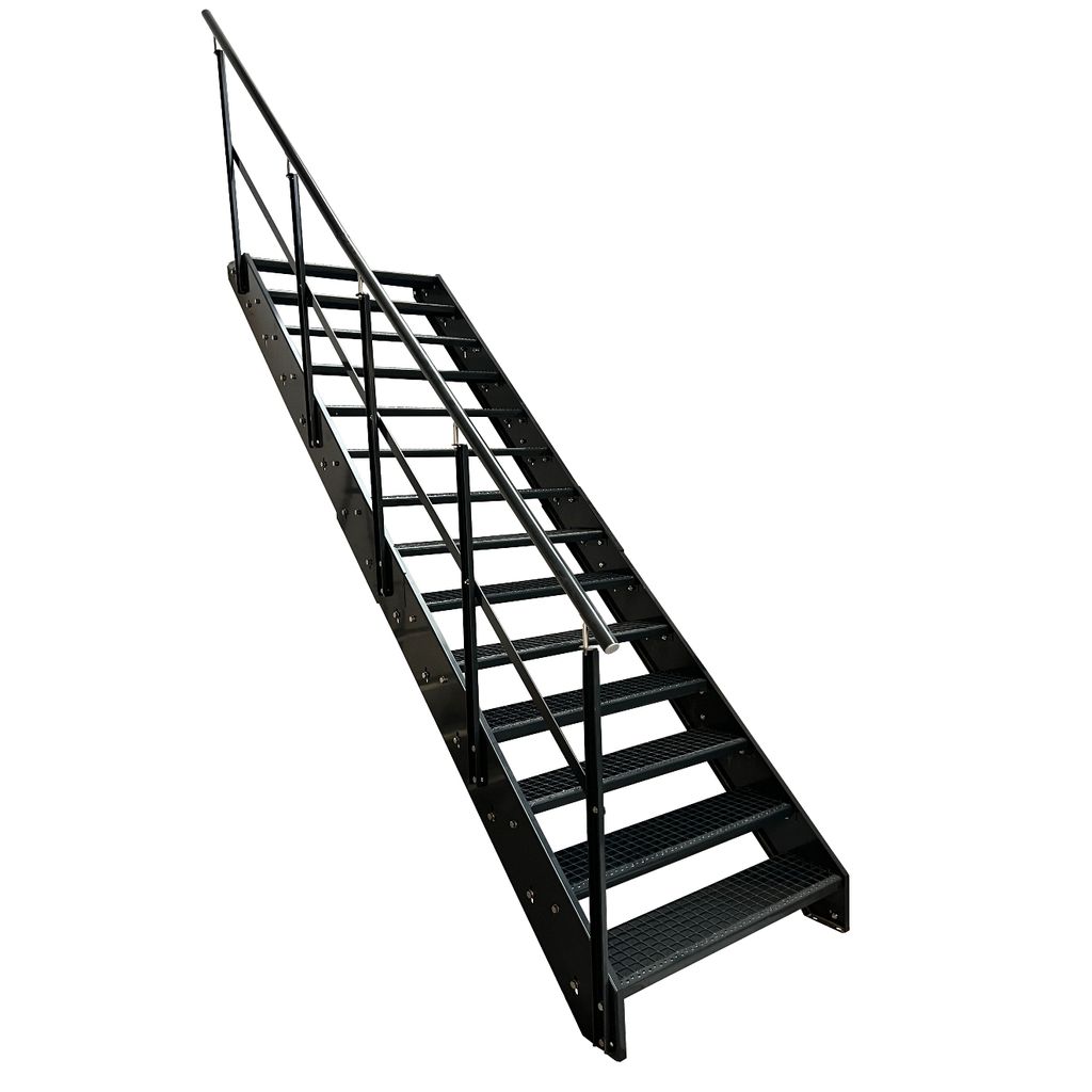 Wangen- Stahltreppe Gitterroststufen 14 Stufen Geländer Links - Verzinkt & Anthrazit pulverlackiert - (B x H x T) 60 x 266 x 272 cm