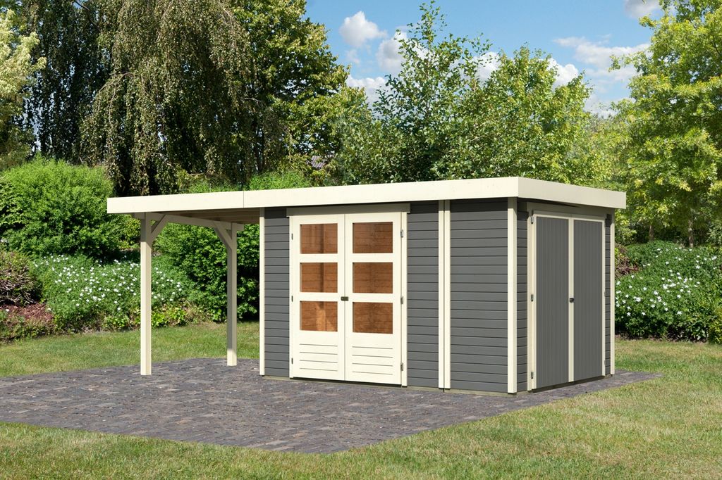 Karibu Gartenhaus Gerätehaus Retola 4 inkl. Anbauschrank und Anbaudach 2,40 m Breite terragrau 539x246x211 cm