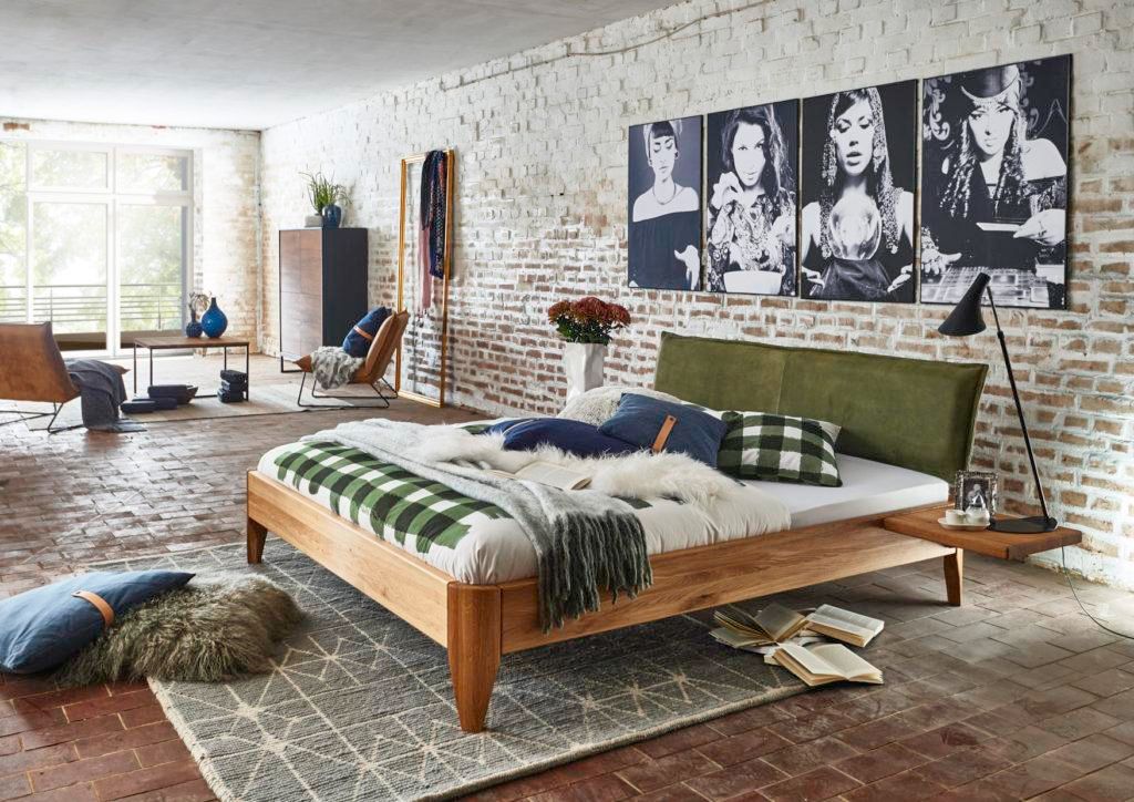 Bett Fano 160x200 Sonderhöhe 45 Wildeiche massiv Polsterkopfteil Velours Grün