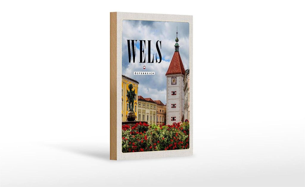 Holzschild Reise 12x18 cm Wels Österreich Kirche Mittelalter