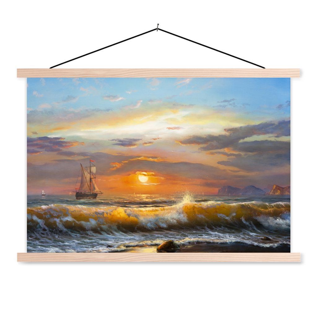 MuchoWow Textilposter Malerei - Wasser - Segelboot - Ölfarbe 120x80 cm mit holzfarbenen Rahmen - Aufhängeset