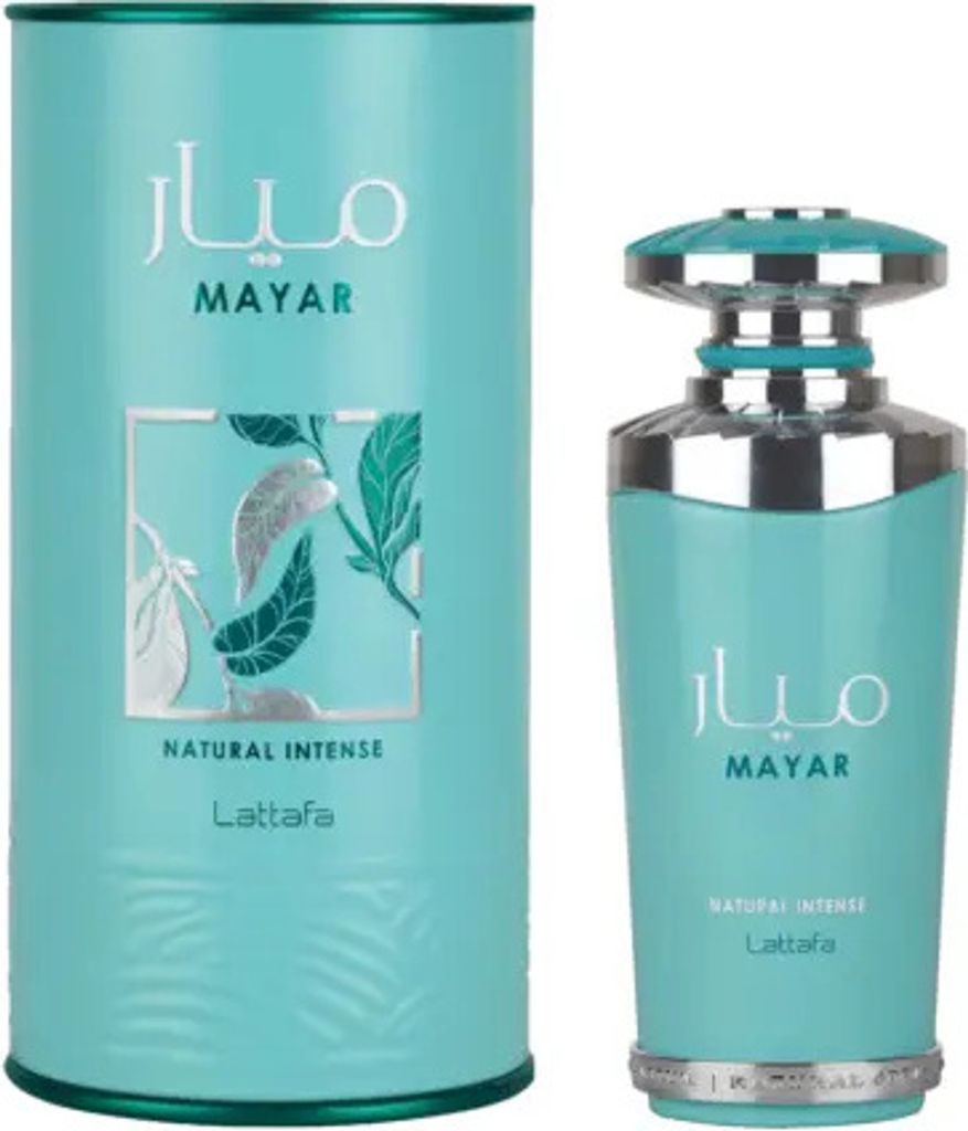 A perfume bottle and its packaging are displayed side-by-side against a white background.