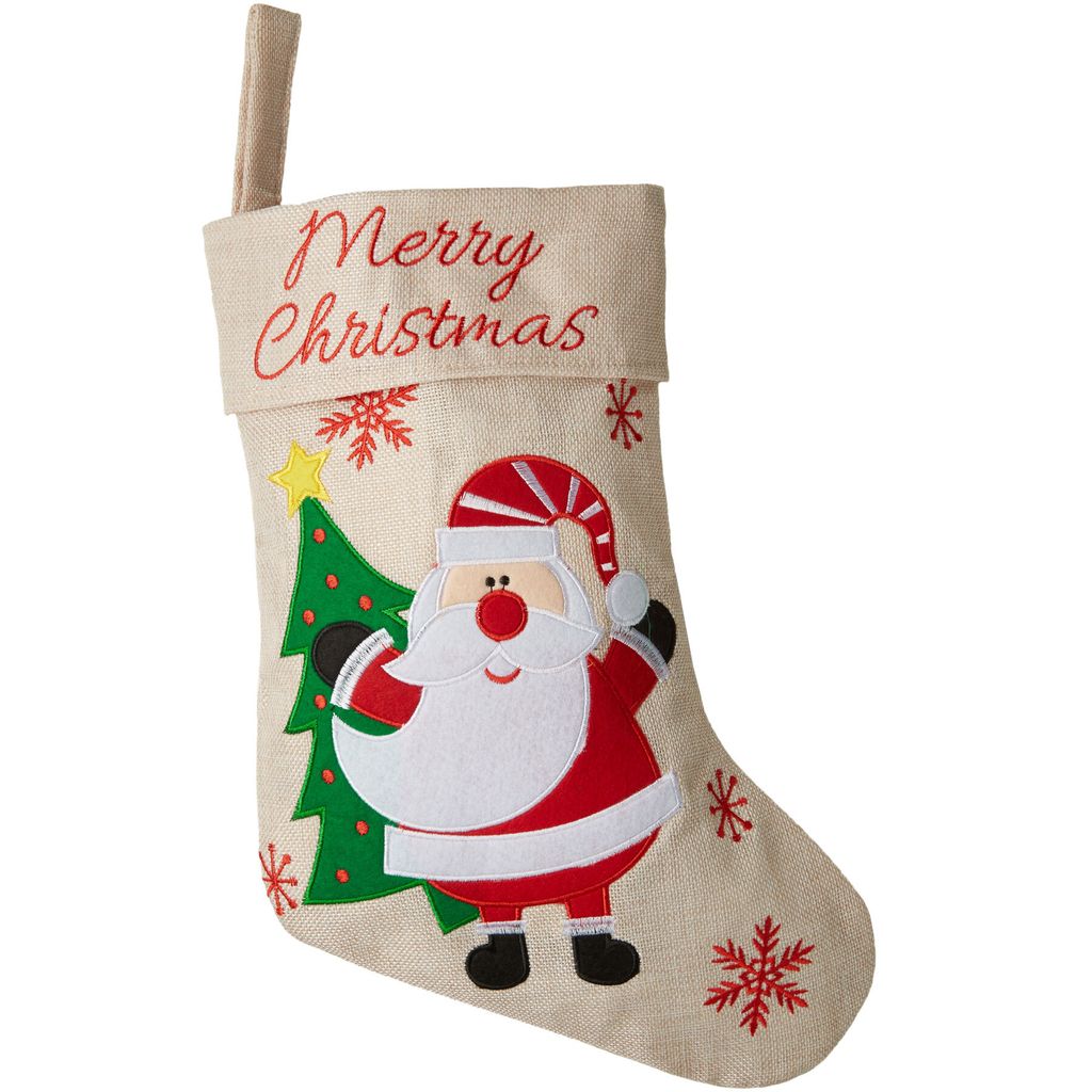 Nikolausstiefel in Jute-Optik mit Weihnachtsmann-Motiv - beige