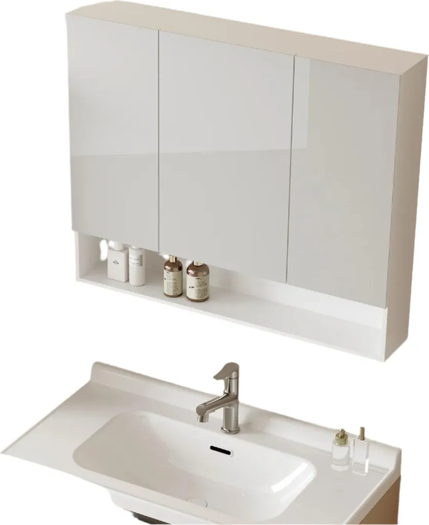 Rangement Salle de Bains Mural 3 Portes Miroir Blanc Nuage Rootz