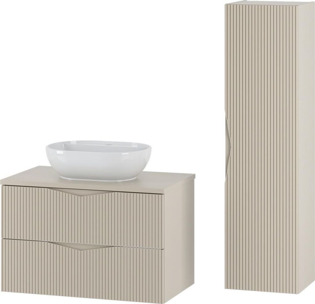 Badmöbel-Set 2-teilig mit 80 cm Waschtisch in beige mit gerillter Front - CALURI-140
