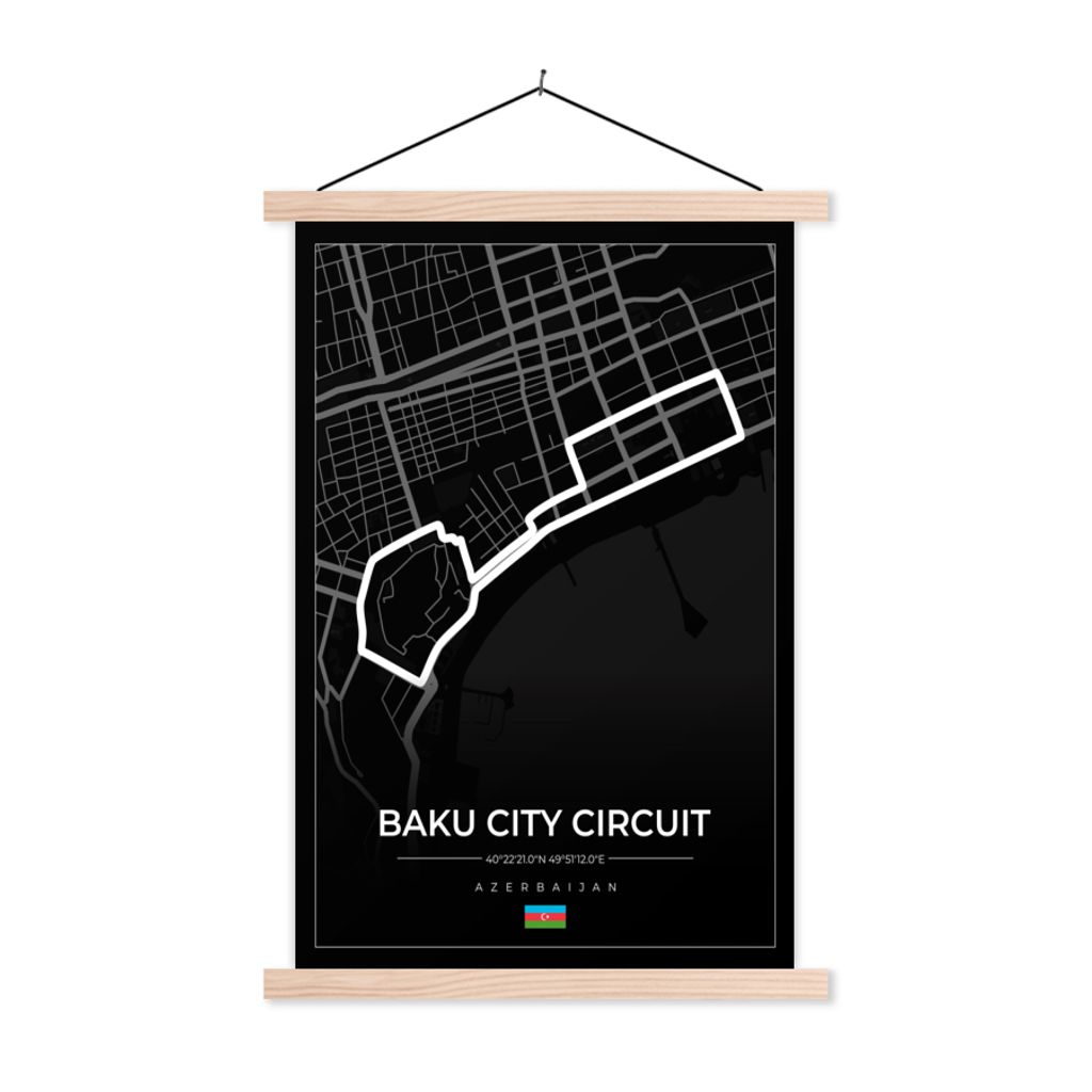 MuchoWow Textilposter Rennstrecke - Rundkurs - F1 - Baku City Circuit - Aserbaidschan - Schwarz 40x60 cm mit holzfarbenen Rahmen - Poster