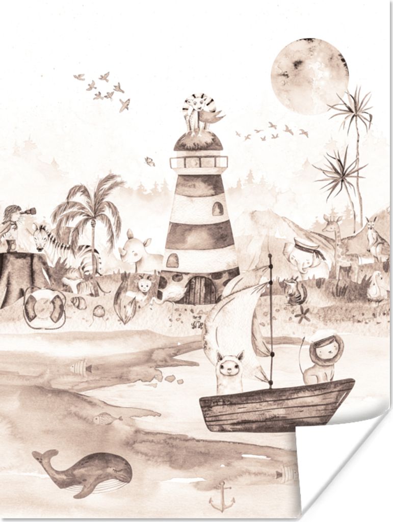 MuchoWow Poster Strand - Kinder - Leuchtturm - Alpaka - Meer - Tiere 120x160 cm - Wandbilder