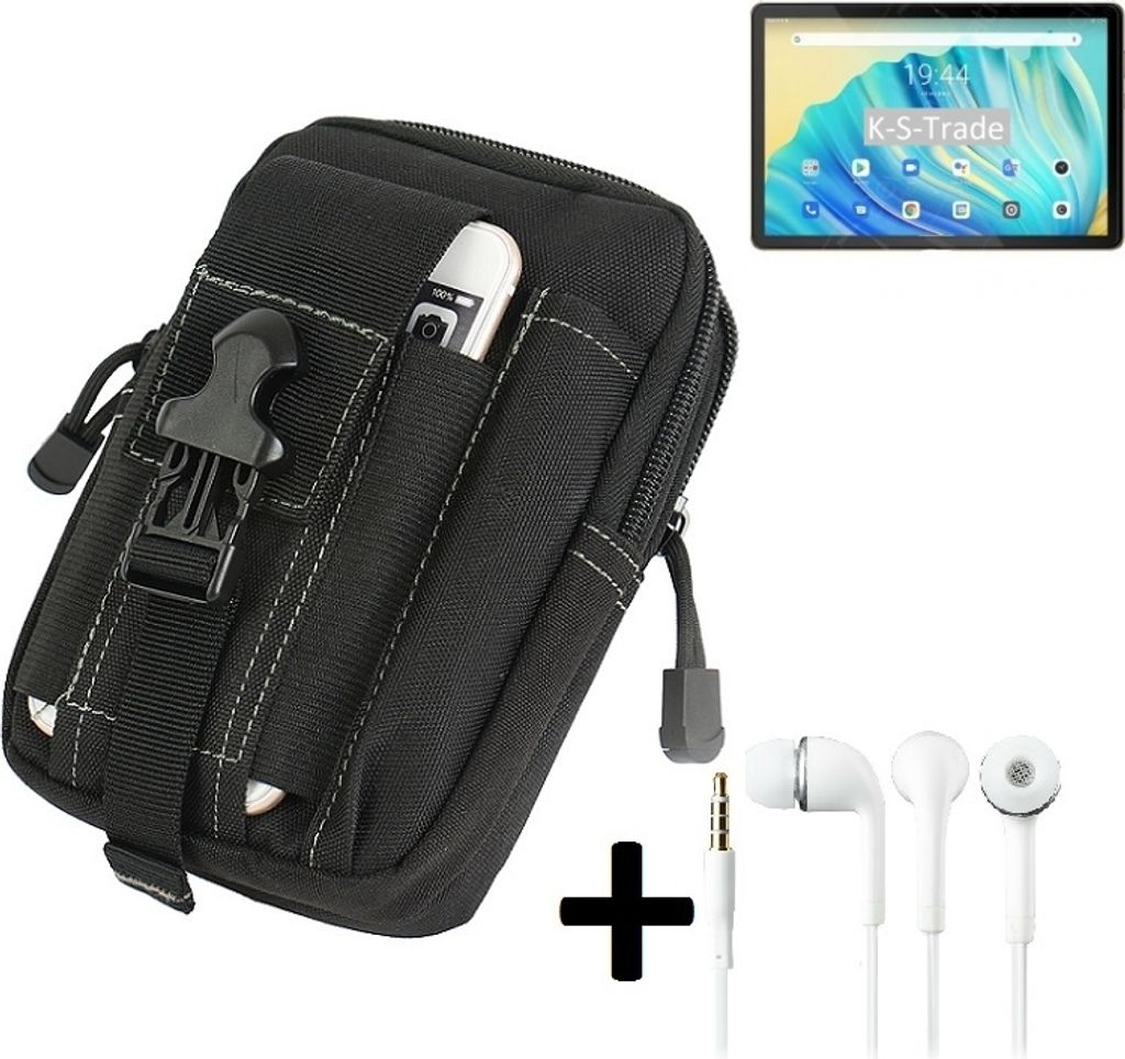 K-S-Trade Gürteltache + Kopfhörer kompatibel mit Blackview Tab 10 Gürtel Tasche Holster Schutz Hülle Handy Hülle schwarz inkl. Extrafächer