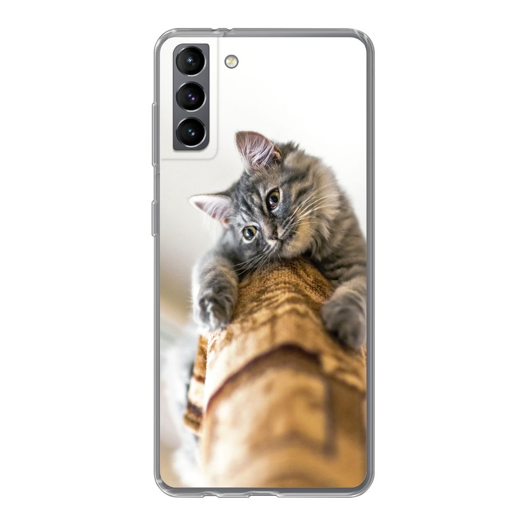 MuchoWow Handyhülle Schutzhülle Hülle für Samsung Galaxy S21 Plus Katze - Kratzbaum - Grau Silikon Softcase Handy Hülle - Handy-Tasche