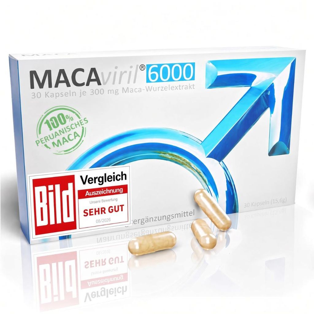 MACAviril®6000 Maca Kapseln 30 Stück auf weissem Hintergrund. Auszeichnung BILD Vergleich SEHR GUT