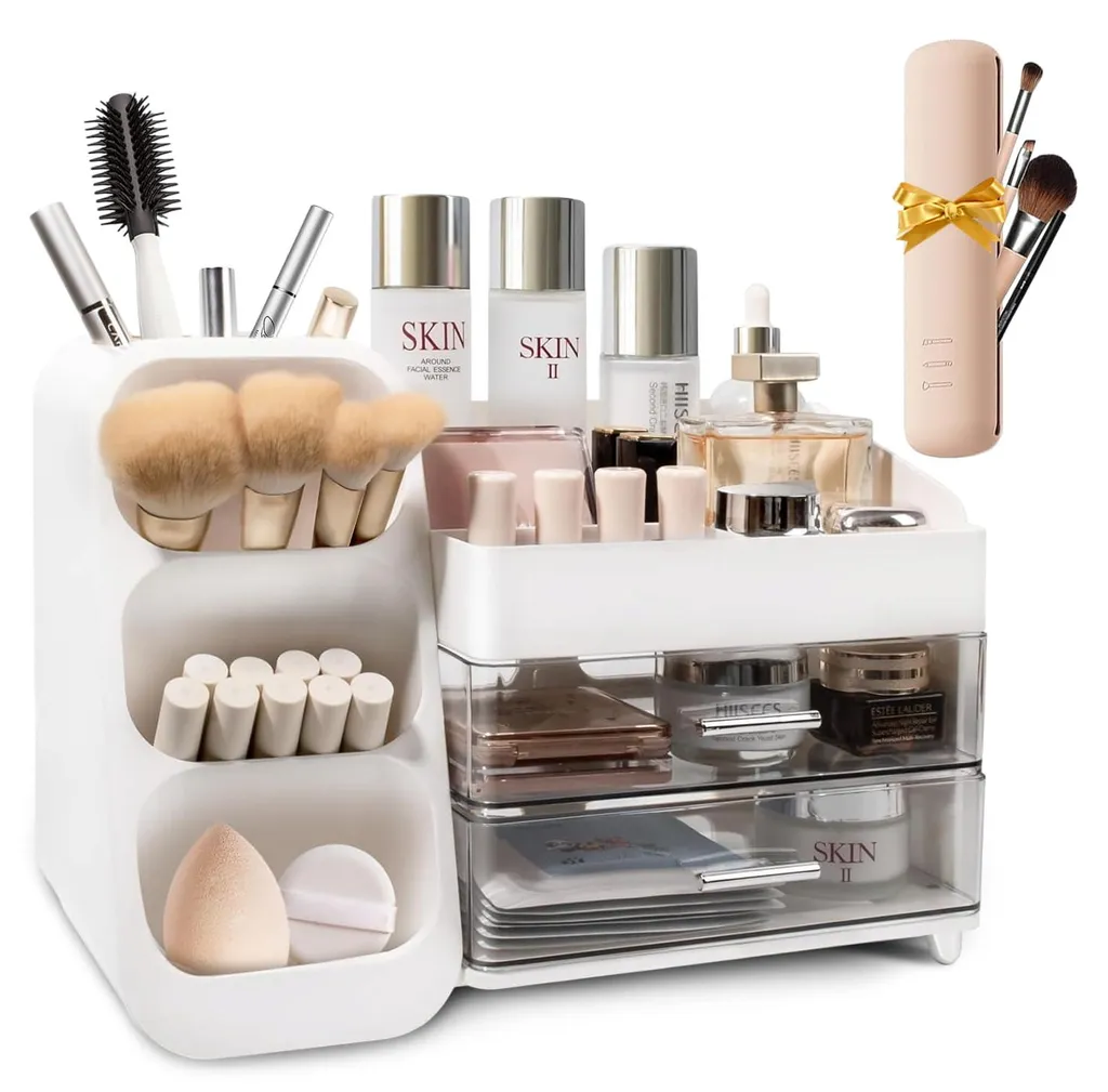 Organiseur de maquillage blanc avec tiroirs - Rangement cosmétique XL