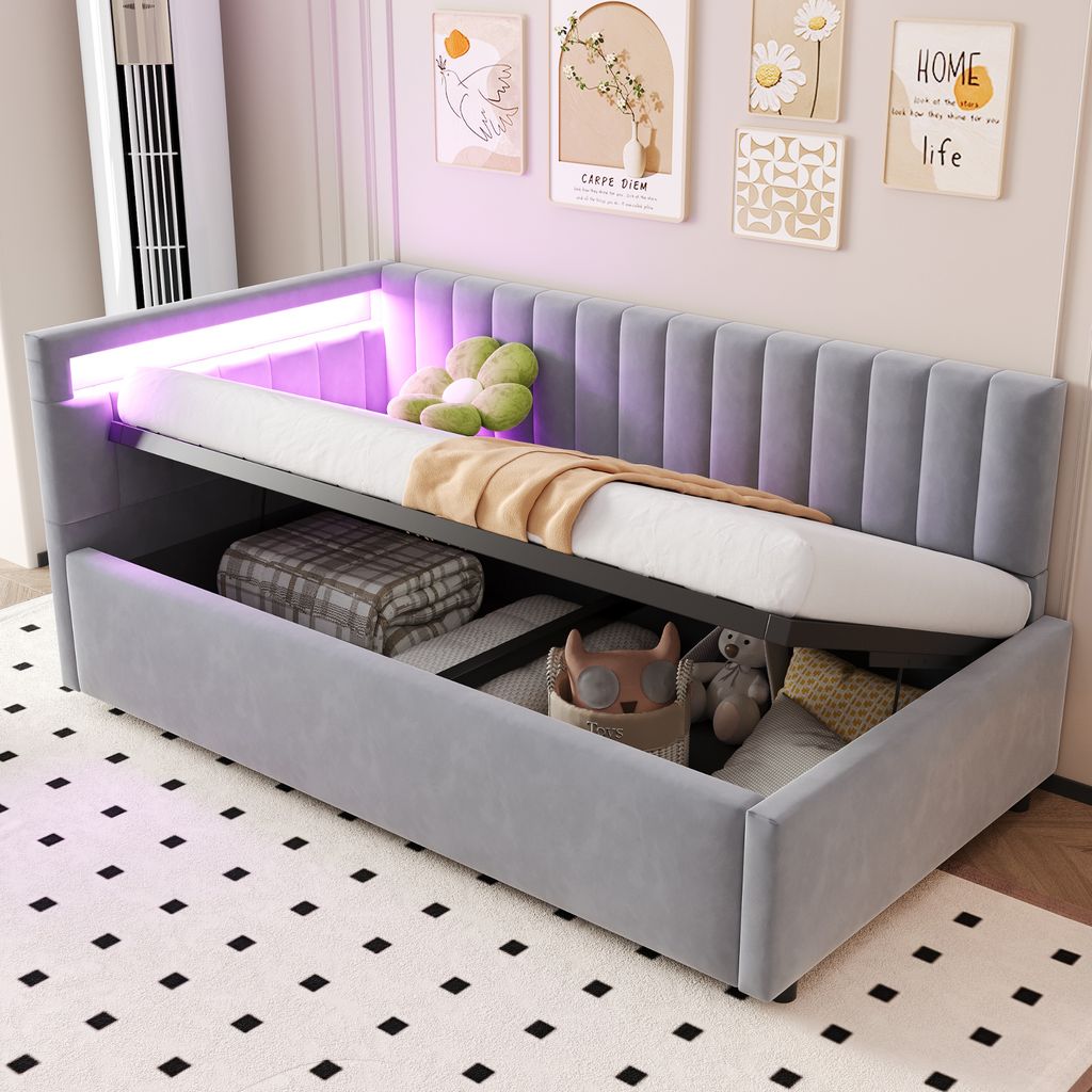 Flieks Hydraulisches Polsterbett Schlafsofa 90x200cm mit LED, Sofa mit Schlaffunktion, Tagesbett Einzelbett Holzbett Samt, Hellgrau