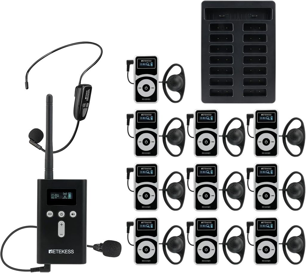 A collection of wireless audio guide system components, including transmitters, receivers, and a charging dock, arranged on a white background.