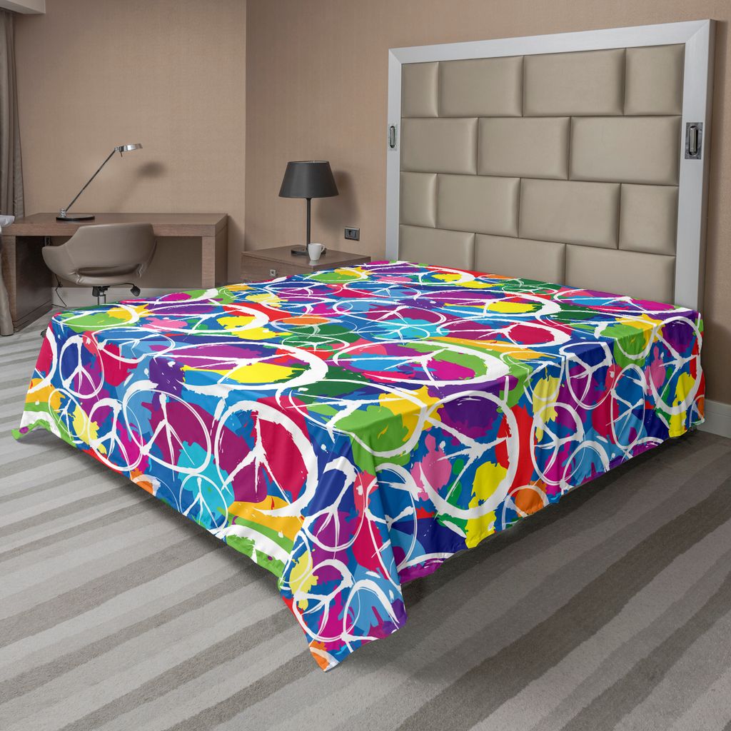 ABAKUHAUS Retro Bettlaken, Universelles Friedenszeichen Symbol Buntem Pop Art Art Hintergrund Antikriegsaktivismus Thema, weiches bequemes oberes B...