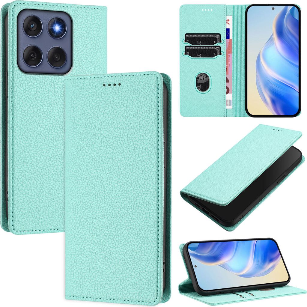 Litchi Leder Handyhülle für Motorola Edge 60 Fusion Wallet Kartenfächer Standfunktion Hülle Türkis