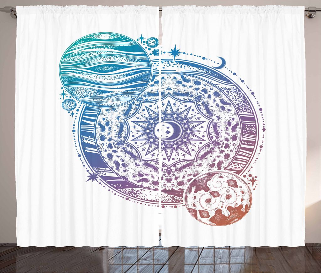 ABAKUHAUS Galaxy Mandala Rustikaler Gardine, Mond und Planeten, Schlafzimmer Kräuselband Vorhang mit Schlaufen und Haken, 280 x 175 cm, Mehrfarbig