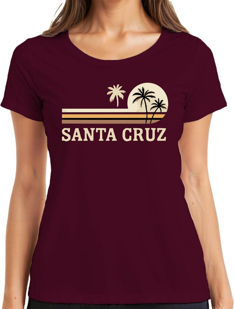 SANTA CRUZ Surfen Kalifornien Strand Palmen Vintage Retro Sonne Damen T-Shirt, Burgundy, M